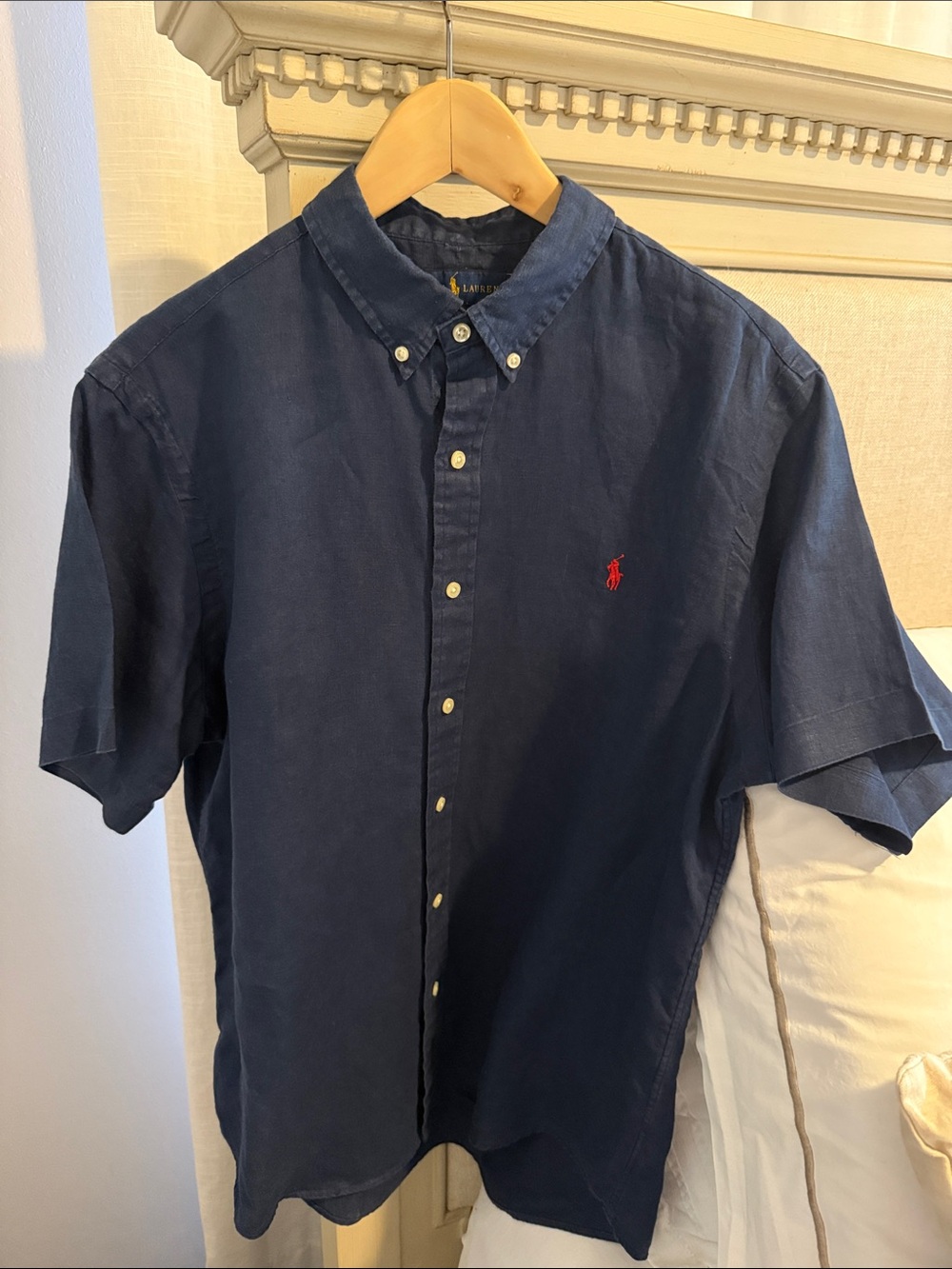 Ralph Lauren Linen Slim Fit Navy Short-Sleeve Button-Down with Red Pony